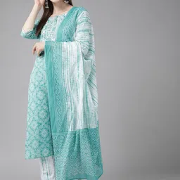 Ginni Arora Label Women Blue Ethnic Motifs Printed Pure Cotton Kurta with Trousers & With Dupatta image 1