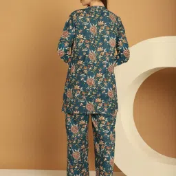 Kanvin Green Cotton Printed Tunic Pyjamas Set image 2