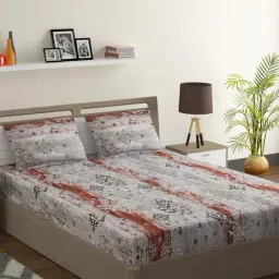 Swayam Printed Grey & Brown 144 TC Cotton King Bedsheet with 2 Pillow Covers-picture-44