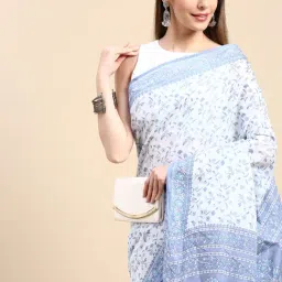 SHANVIKA Blue Printed Cotton Saree Without Blouse image 3