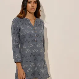Utsa by Westside Dusty Blue Ikat Printed High-Low Cotton-Blend Kurti-picture-12