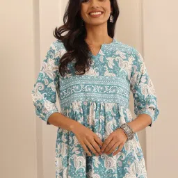 Libas Blue Floral Print Flared Short Kurti image 2