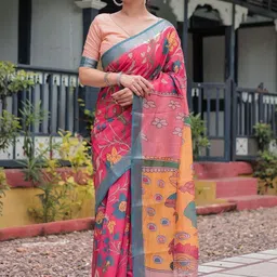 ALMAARI FASHION Floral Printed Zari Pure Linen Banarasi Saree With Unstitched Blouse Piece image 3