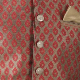 VASTRAMAY Beige & Maroon Straight Fit Brocade Nehru Jacket image 3