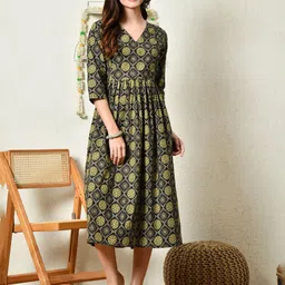 SILAKIVA Floral Printed V-Neck Fit and Flare Maternity Midi Ethnic Dress-picture-31