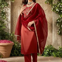 AVANSHEE Women Ethnic Motifs Embroidered Regular Thread Work Kurta with Trousers & With Dupatta-picture-17