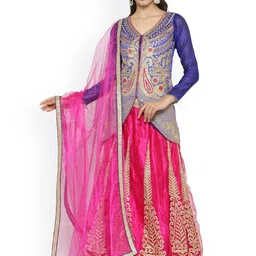 Chhabra 555 Pink & Blue Embroidered Net Semi-Stitched Lehenga Choli with Dupatta & Jacket-image-13