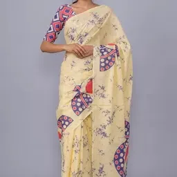 KIAARON Ethnic Motifs Linen Blend Block Print Saree-image-35