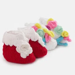 MayRa Knits Pair Of 2 Rosette Detail Hand Knitted Booties - Red-image-67