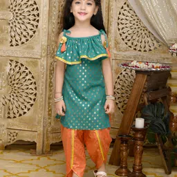 Saka Designs By Sapna Cold Shoulder Ruffle Half Sleeves Ethnic Motif Foil Printed & Lace Embellished Kurta & Tulip Pant - Teal Green & Orange-picture-30