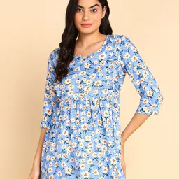 Zelena Three Fourth Sleeves Floral Printed Maternity Top With Pocket & Concealed Zipper Nursing Access - Aqua Blue-picture-12