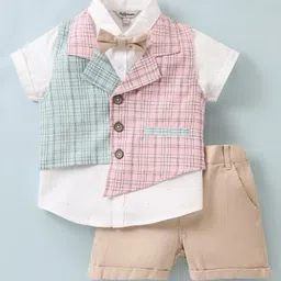 ToffyHouse 100% Cotton Half Sleeves Striped Party Suit with Bow - Beige-picture-14