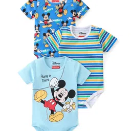 Babyhug Disney Cotton Knit Half Sleeves Onesies with Mickey Mouse Graphics Pack of 3 - Multicolour-image-48