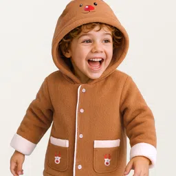 Babyhug Cotton Knit Full Sleeves Hooded Winter Jacket with Reindeer Applique - Brown-image-42