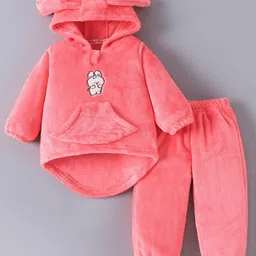 Kookie Kids Full Sleeves Hooded T-Shirt & Lounge Pant Set with Bear Patch - Pink-picture-18