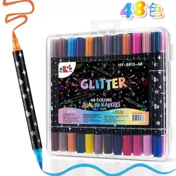 SUPER TOY 48 Color Shades Glitter Marker Pens Shimmer Brush Art Marker Fine Point Dual Tip Water-based Ink for Kids Adults DIY Birthday Cards Poster Scrapbook Mugs (24 Pen=48 Colours)-image-0