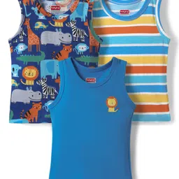 Babyhug 100% Cotton Single Jersey Knit Antibacterial Sleeveless Sando with Stripes & Animal Print Pack of 3 - Blue-picture-20