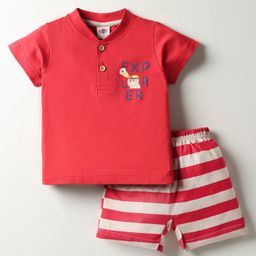 Zero Sinker Knit Half Sleeves Henley Neck T-Shirt & Striped Shorts Set With Teddy Bear Print - Red-picture-3