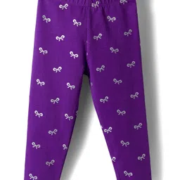 Babyhug Cotton Lycra Knit Full Length Leggings with Stretch & Bow Print - Purple-picture-22