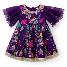Babyhug Rayon Woven Half Sleeves Ethnic Dress With Embroidered Detailing & Floral Print - Purple-picture-21