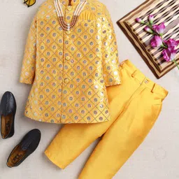 Ahhaaaa Viscose Woven Full Sleeves Sequin Embellished Sherwani & Pant Set - Yellow-picture-27