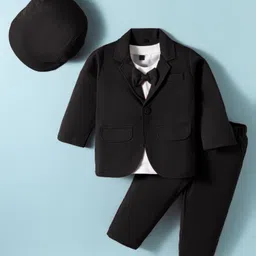 Robo Fry Cotton Woven Full Sleeves Solid Color Party T-Shirt & Trouser Set with Blazer Cap & Bow Applique - Black-picture-31