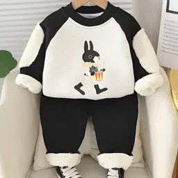 Googo Gaaga Fleece Knit Full Sleeves Rabbit Printed Fur Elbow Patch Detailed Winter Sweatshirt & Trousers Set - Cream-picture-28