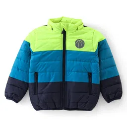 Babyhug Woven Full Sleeves Hooded Jacket Basket Ball Print - Blue & Green image 2