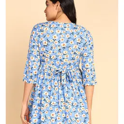 Zelena Three Fourth Sleeves Floral Printed Maternity Top With Pocket & Concealed Zipper Nursing Access - Aqua Blue image 3