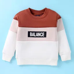 Pepito Fleece Knit Full Sleeves Winter Wear T-Shirt & Lounge Pant Set With Text Print & Cut & Sew Design - Brown & White image 2