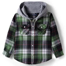Pine Kids Cotton Woven Full Sleeves Brushed Hooded Shirt With Checks - Green image 2