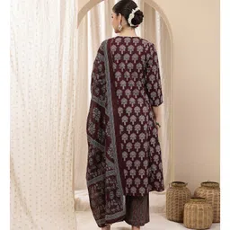 Zelena Cotton Silk Woven Three Fourth Sleeves Floral Printed Maternity Kurti With Side Zipper Nursing Access & Pant With Dupatta Set - Deep Purple image 3
