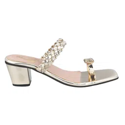 Shoetopia Stone Embellished Metallic Heeled Sandals - Golden image 4