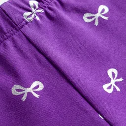 Babyhug Cotton Lycra Knit Full Length Leggings with Stretch & Bow Print - Purple image 3