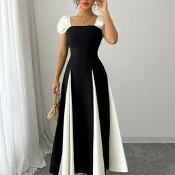 Outzidr Colourblocked Panel Puff Sleeve Fit & Flare Midi Dress-picture-12