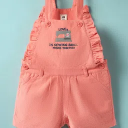 ToffyHouse Knit Dungaree & Half Sleeves T-Shirt With Sewing Machine Print & Embroidery - Peach & White image 4
