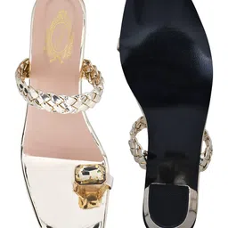 Shoetopia Stone Embellished Metallic Heeled Sandals - Golden image 5
