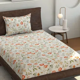 Florida Off White & Orange Floral 160 TC Single Bedsheet Set 155 cm X 228 cm-image-4
