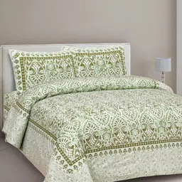 CLOTHOLOGY Green & White Ethnic Motifs 180 TC King Bedsheet with 2 Pillow Covers image 1