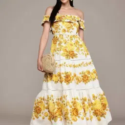 Label Ritu Kumar Off White Cotton Fitted Floral Print Dress image 4