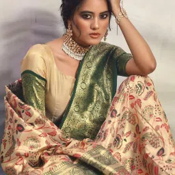Satrani Beige & Green Woven Saree With Unstitched Blouse image 2