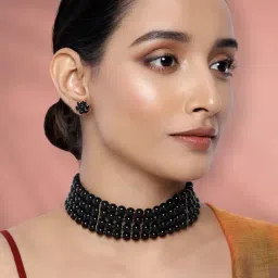 Peora Combo of Black & White Faux Pearl Beaded Choker Necklace Sets for Women image 3