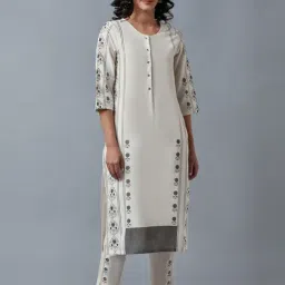 W Off-White Cotton Embroidered Straight Kurta-picture-46