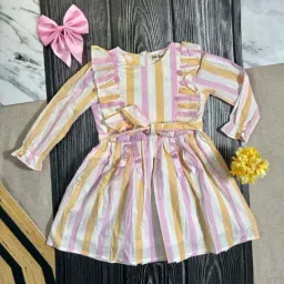 Bella Moda Kids White & Pink Cotton Striped Full Sleeves Dress-picture-35