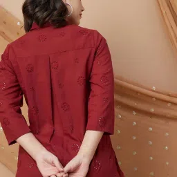 Melange By Lifestyle Maroon Cotton Regular Fit Embroidered Shirt image 2