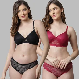 samvar Women Black,Maroon Cotton Bra Panty Set for Lingerie Set Undergarments Pack of 2-picture-19