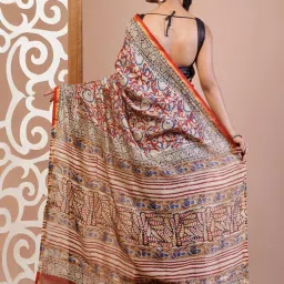 Unnati Silks Red Floral Print Saree With Unstitched Blouse image 2