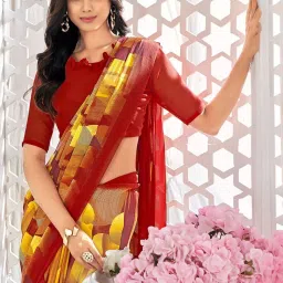 Satrani Red & Yellow Printed Saree With Unstitched Blouse image 2