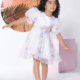 Peppermint Floral Print Puff Sleeve Georgette A-Line Dress-image-77