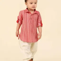 Fabindia Kids Red & Beige Cotton Embellished Full Sleeves Kurta & Pyjama-image-19